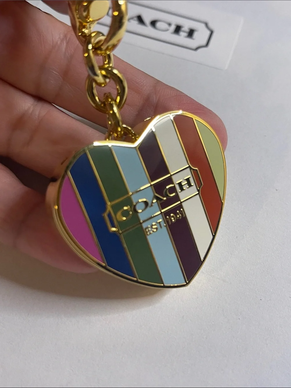 COACH Legaacy Stripe Heart Keychain Charm - Gold Hardware